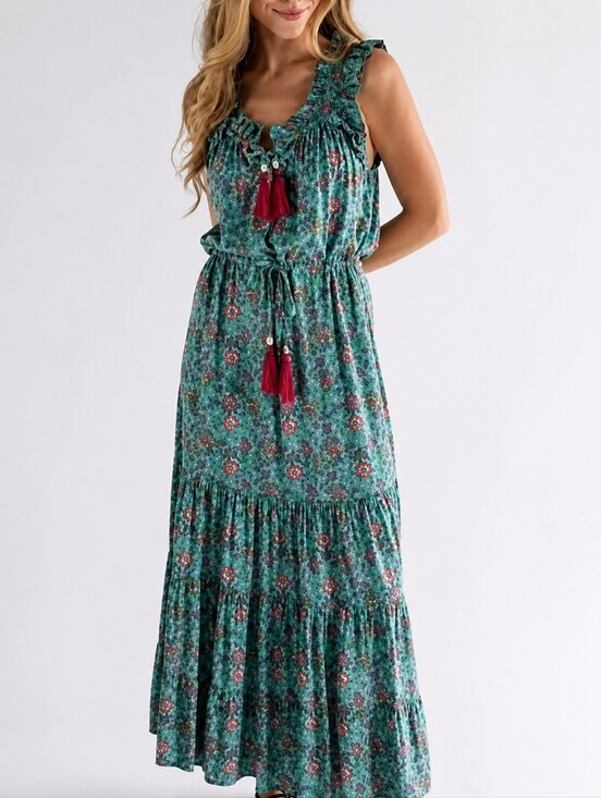 NATURAL LIFE Dresses & Skirts - Natural Life Ruffled And Tassle Maxi Dress Teal Pink Orange Green Size XS